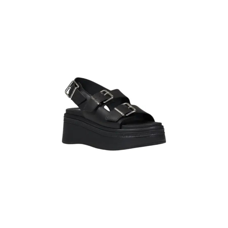 Tommy Hilfiger black leather wedge shoes for women with three silver buckle straps and thick rubber platform sole