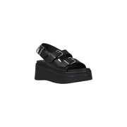 Tommy Hilfiger black leather wedge shoes for women with three silver buckle straps and thick rubber platform sole