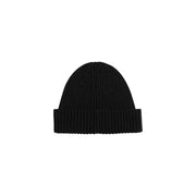 Black ribbed knit beanie hat with folded cuff