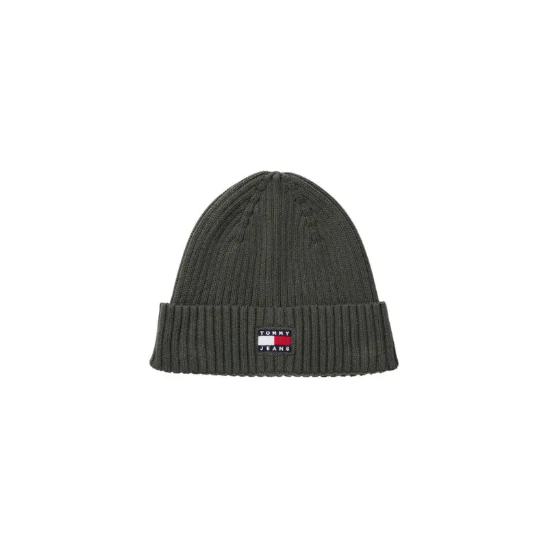 Olive green tommy jeans ribbed beanie with logo patch.