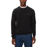 Black tommy hilfiger crewneck sweatshirt with white trim and logo.