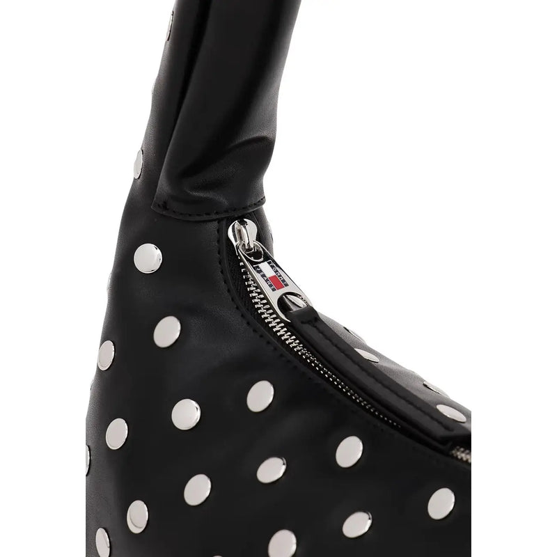 Tommy Hilfiger black polyurethane handbag with silver polka dots and zipper closure shoulder bag design