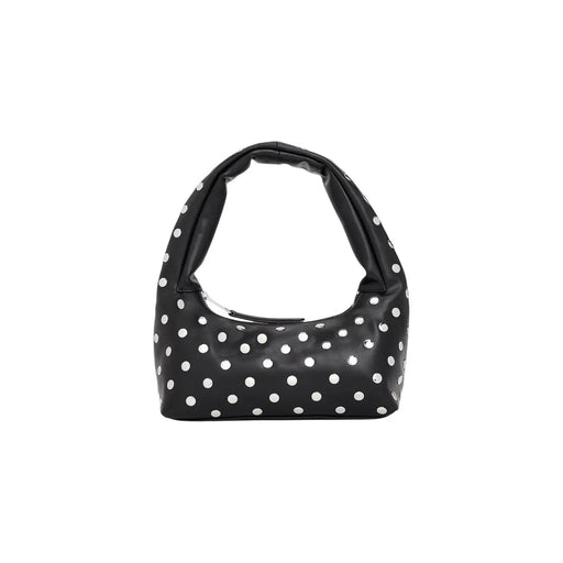 Tommy Hilfiger black polyurethane hobo bag with white polka dots and zip pocket in a soft structured silhouette