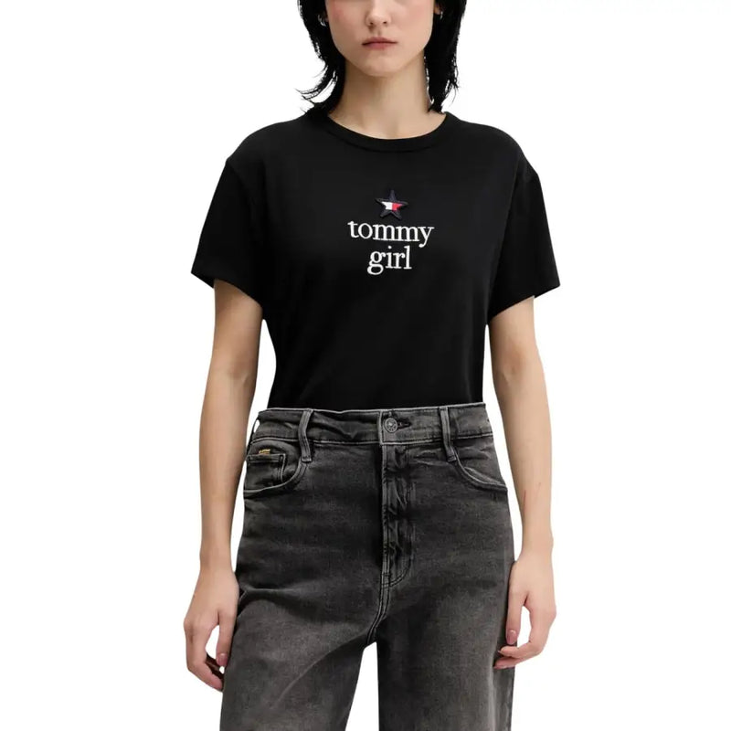 Tommy Hilfiger black printed organic cotton womens T-shirt with Tommy Girl text and red star