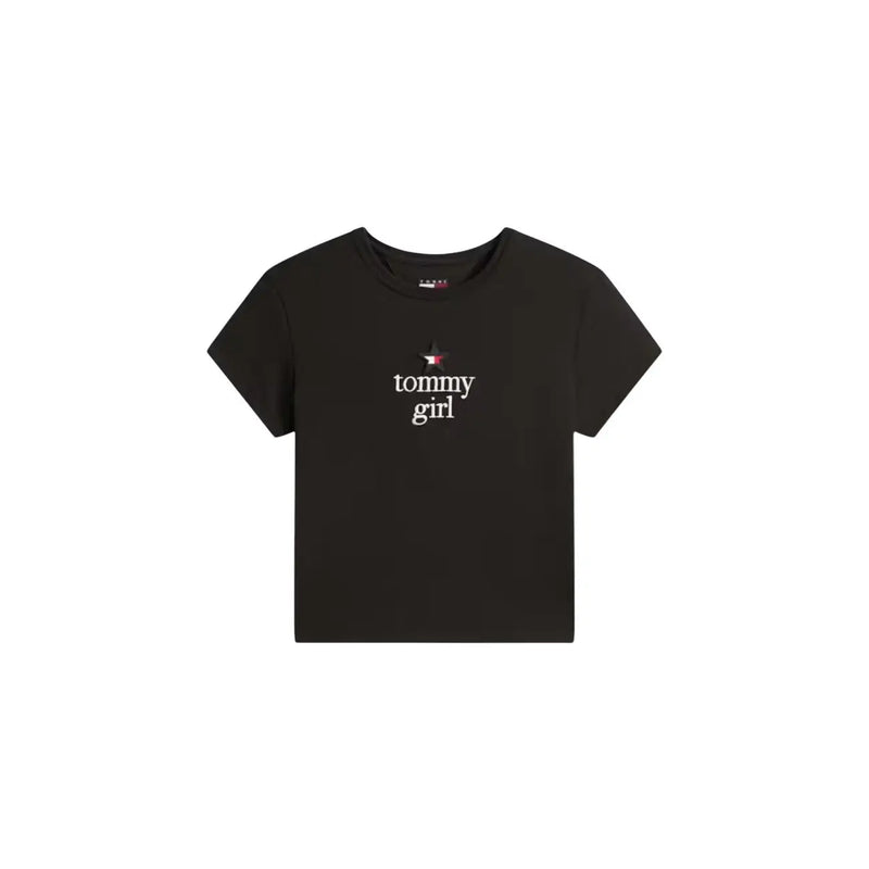 Tommy Hilfiger black printed organic cotton women’s t-shirt with short sleeves and white tommy girl logo and star emblem