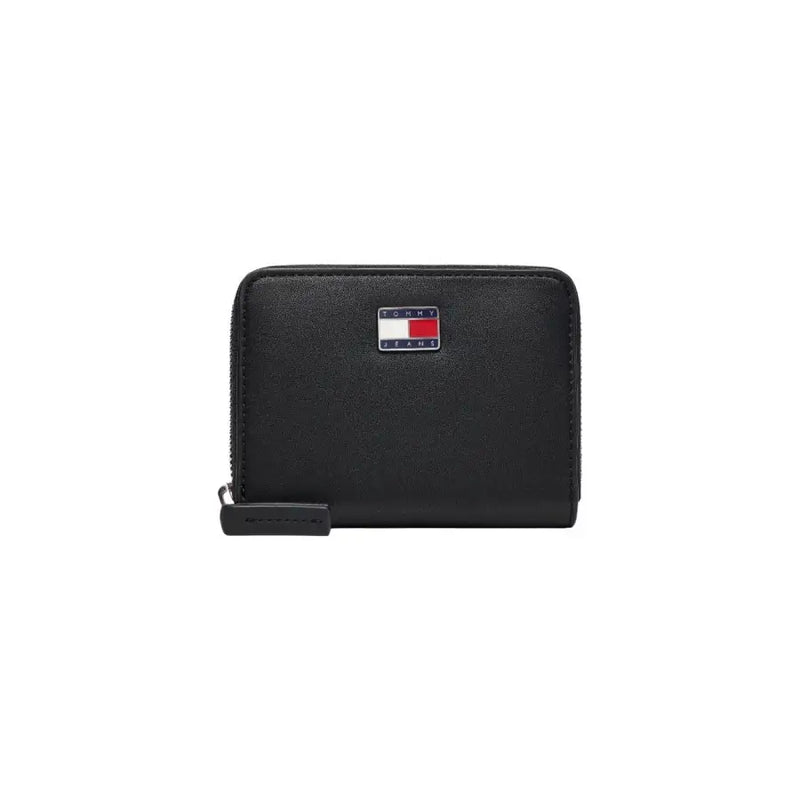 Tommy Hilfiger black zip wallet for women with textured leather and silver logo