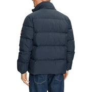 Tommy Hilfiger blue hooded nylon jacket for men with dark navy horizontal stitched puffer design and logo patch on sleeve