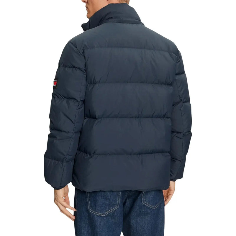 Tommy Hilfiger blue hooded nylon jacket for men with dark navy horizontal stitched puffer design and logo patch on sleeve