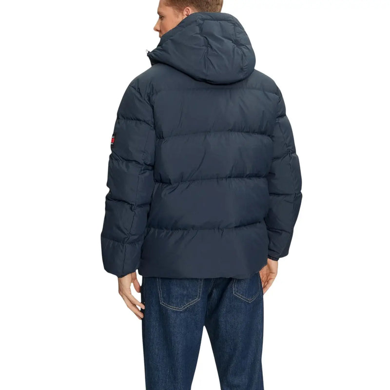 Navy blue quilted nylon Tommy Hilfiger hooded puffer jacket for men with a warm insulated design