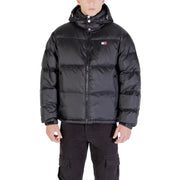Black puffer jacket with hood and logo patch, tommy hilfiger brand.