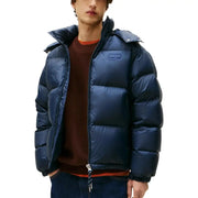 Navy blue puffer jacket with hood and zipper, likely made of synthetic material for warmth.