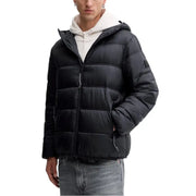 Black puffer jacket with hood and zipper, made of synthetic material.