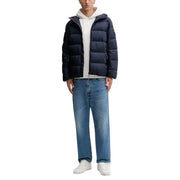 Navy blue puffer jacket with hood and white zipper, made of synthetic material.