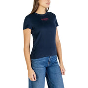 bleu marine Tommy Hilfiger pull col rond en coton biologique pour femme t-shirt avec un logo rose