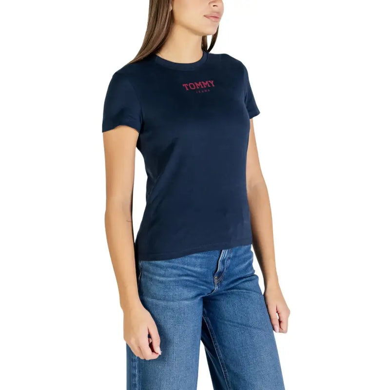 bleu marine Tommy Hilfiger pull col rond en coton biologique pour femme t-shirt avec un logo rose