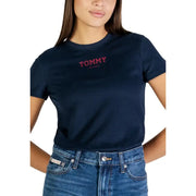 Tommy Hilfiger T-shirt à col rond pour femme en coton biologique bleu marine t-shirt avec un logo rouge