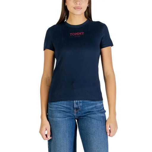 Navy blue Tommy Hilfiger women’s organic cotton round neck t-shirt with red embroidered logo