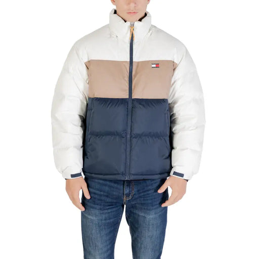 Tommy Hilfiger men’s polyester puffer jacket with white beige and navy blue color blocks and turtleneck collar