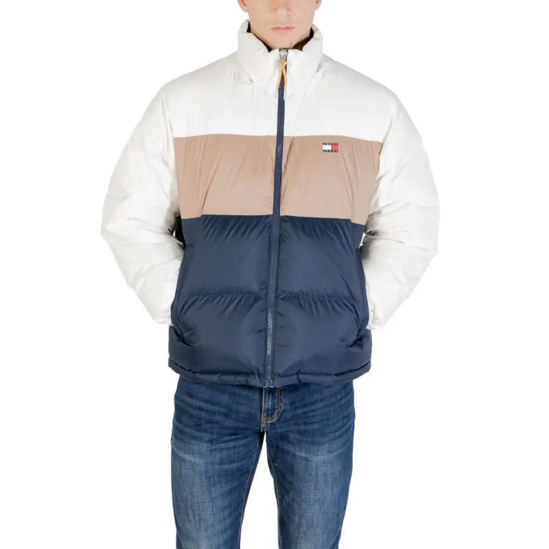 Tommy Hilfiger men’s puffer zip jacket with turtleneck in white beige and navy blue polyester color blocks