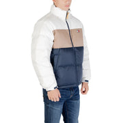 Men’s tommy hilfiger blue polyester zip puffer jacket with white beige and navy blue color-block design and turtleneck