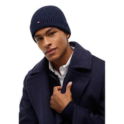 Tommy Hilfiger Bonnet en cachemire bleu marine pour homme, en maille côtelée avec petit logo drapeau, vue de face