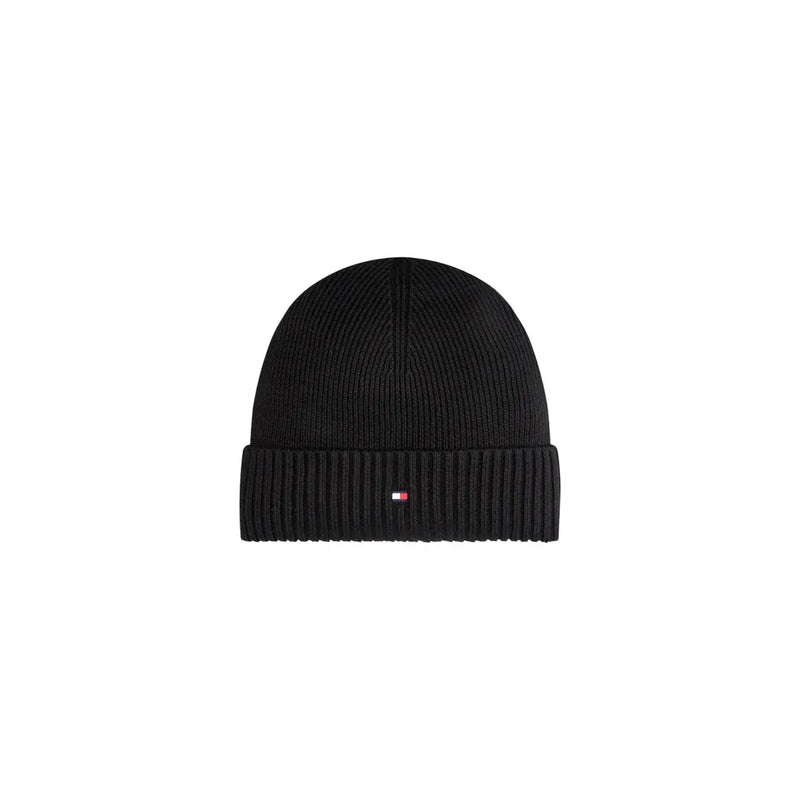 Tommy Hilfiger Bonnet en cachemire noir pour homme, en maille côtelée avec revers replié (vue de face)