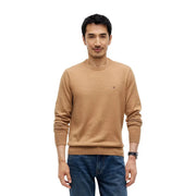 Tommy Hilfiger Pull en cachemire beige pour homme, poignets et ourlet côtelés, vue de face