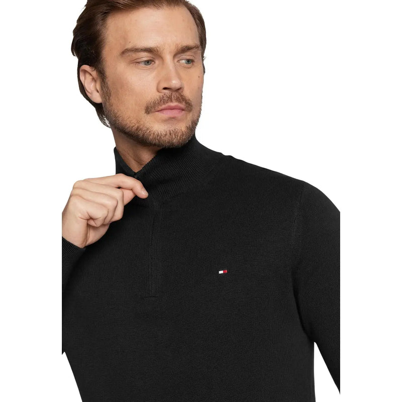Tommy Hilfiger Pull en cachemire noir côtelé pour homme, demi-zip et petit logo sur le devant