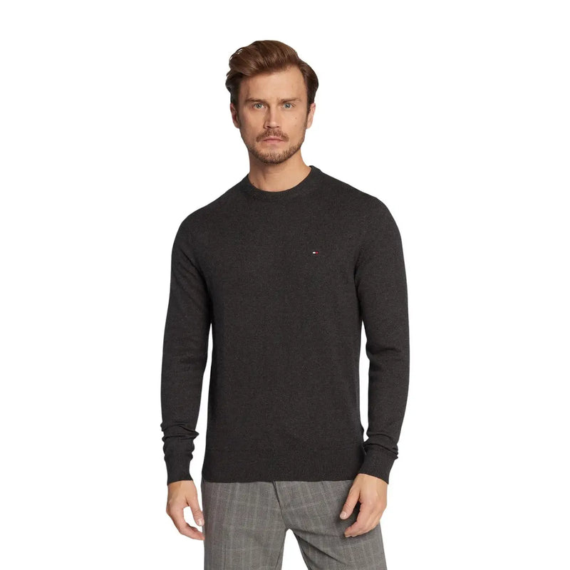 Tommy Hilfiger Pull en cachemire noir pour homme, en maille légèrement texturée avec petit logo brodé, vue de face