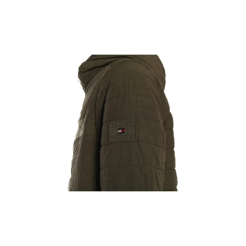 Veste matelassée à capuche vert olive avec écusson Tommy Hilfiger sur la manche, pour homme, collection automne-hiver