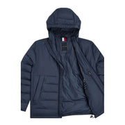 Veste à capuche en denim bleu marine foncé Tommy Hilfiger pour homme, avec empiècement matelassé en polyamide et logo sur le col.
