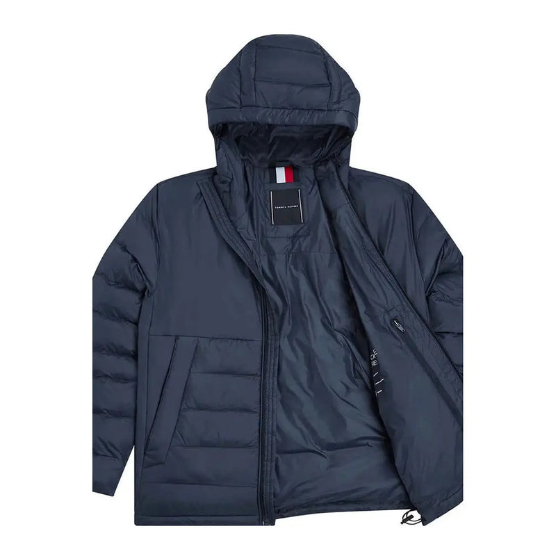 Veste à capuche en denim bleu marine foncé Tommy Hilfiger pour homme, avec empiècement matelassé en polyamide et logo sur le col.
