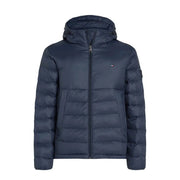 Tommy Hilfiger Veste à capuche en denim bleu marine foncé, en polyamide, matelassée et ornée d'un logo sur la poitrine gauche.