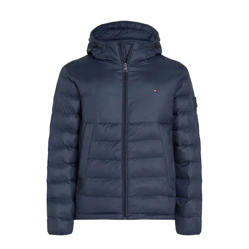 Tommy Hilfiger Veste à capuche en denim bleu marine foncé, en polyamide, matelassée et ornée d'un logo sur la poitrine gauche.