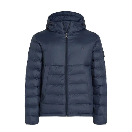 Tommy Hilfiger Veste à capuche en denim bleu marine foncé, en polyamide, matelassée et ornée d'un logo sur la poitrine gauche.