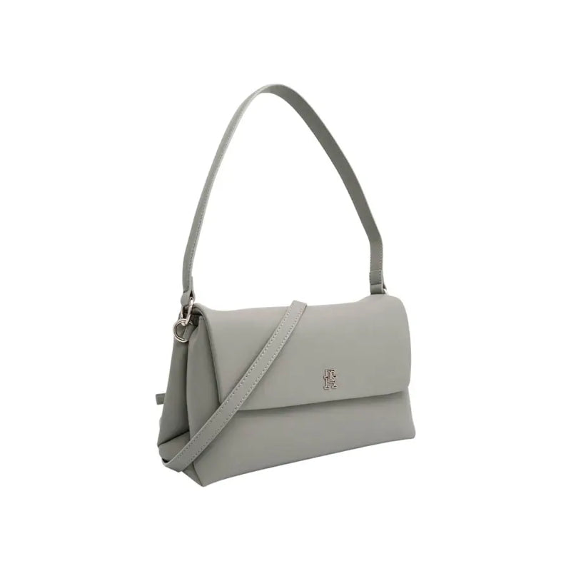 Light gray leather shoulder bag with flap closure and inside pocket by Tommy Hilfiger
