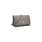 Grey leather Tommy Hilfiger women’s shoulder bag with gold logo and inside pocket