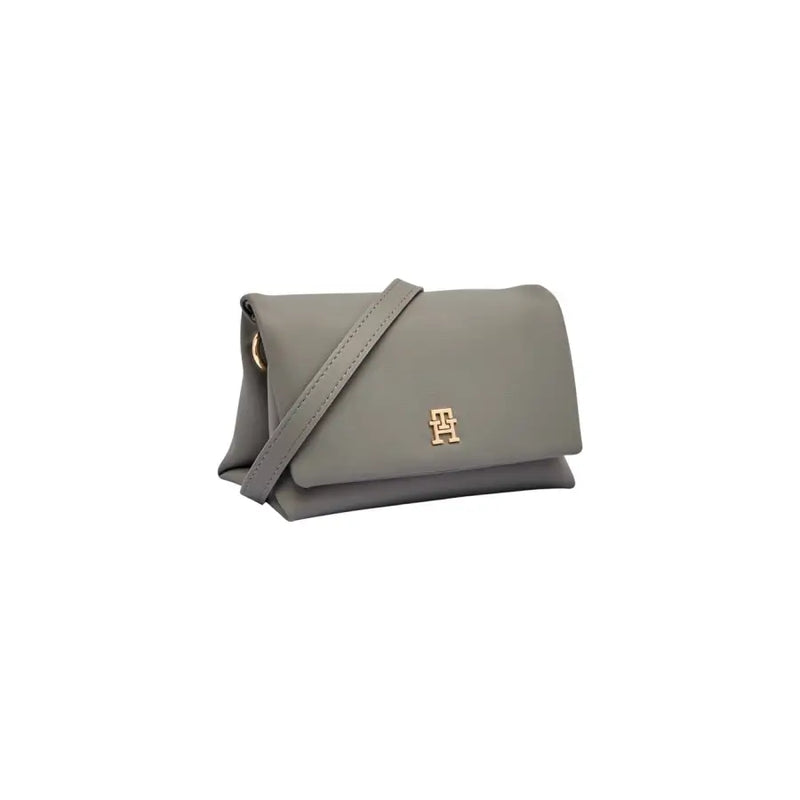 Grey leather Tommy Hilfiger women’s shoulder bag with gold logo and inside pocket