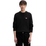 Tommy Hilfiger Jeans Pull homme en maille côtelée noire en coton biologique avec logo drapeau brodé sur la poitrine gauche