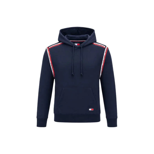 Sweat à capuche Tommy Hilfiger Jeans bleu marine pour homme, orné de rayures rouges et blanches aux épaules, en coton biologique.