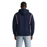 Tommy Hilfiger Jeans men blue organic cotton hoodie with navy blue body and red and white striped sleeve panels