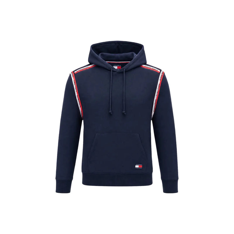 Navy blue tommy hilfiger jeans men hoodie with red and white striped shoulder accents made from organic cotton