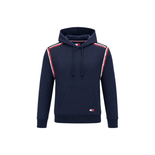 Navy blue tommy hilfiger jeans men hoodie with red and white striped shoulder accents made from organic cotton