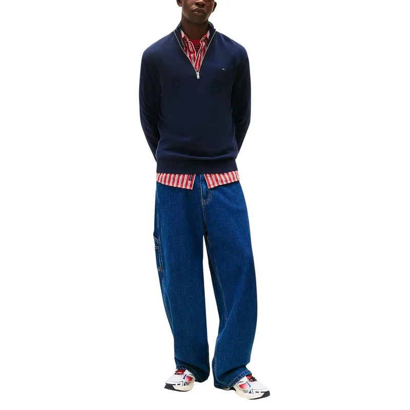 Tommy Hilfiger Jeans men blue organic cotton half-zip sweatshirt with small chest logo worn over striped shirt