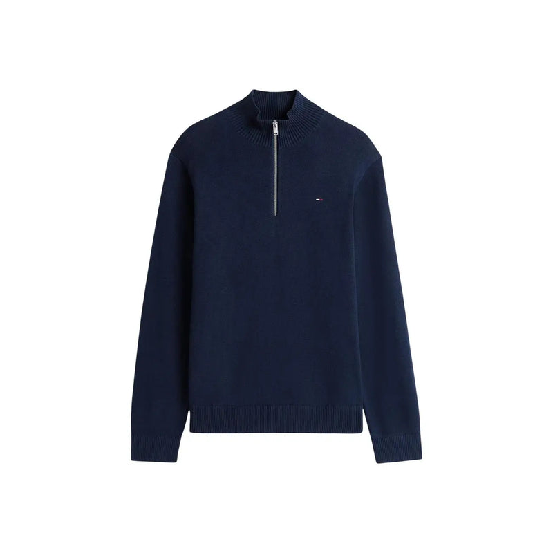 Navy blue Tommy Hilfiger Jeans men quarter-zip sweater with ribbed cuffs hem made from organic cotton