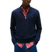 Tommy Hilfiger Sweat-shirt homme en coton biologique bleu à demi-zip avec détail de col intérieur rayé rouge et blanc