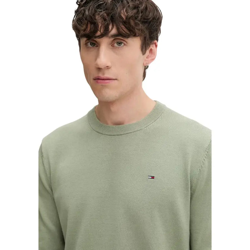 Tommy Hilfiger Pull homme vert en coton biologique côtelé à col rond avec petit logo drapeau sur la poitrine gauche