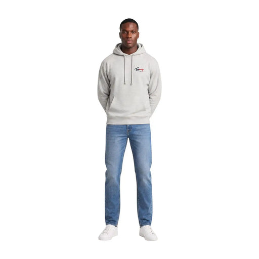 Tommy Hilfiger jeans men grey organic cotton hoodie with small embroidered logo and matching drawstrings on chest