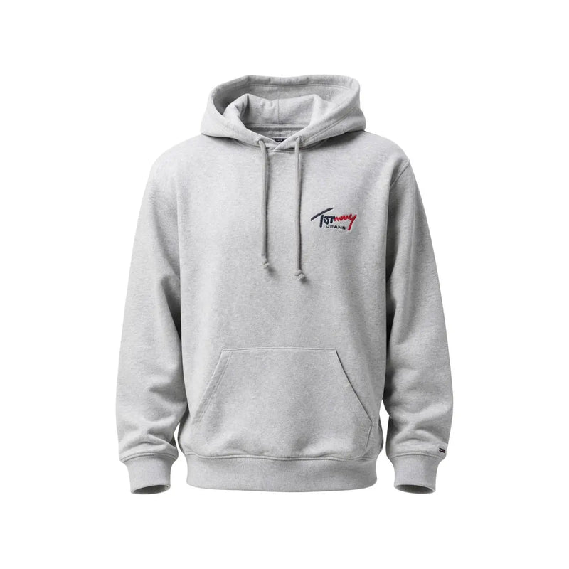 Tommy Hilfiger Jeans men grey organic cotton hoodie with subtle logo on chest and matching drawstrings