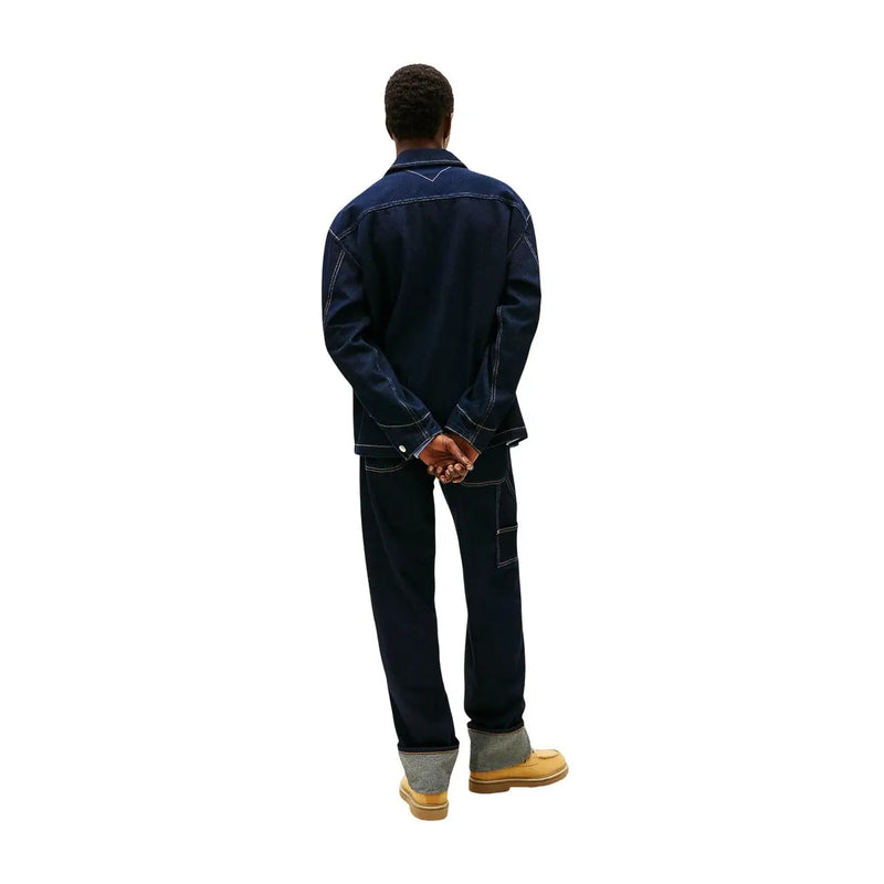 Tommy Hilfiger veste en jean pour homme, bleu foncé denim avec surpiqûres blanches contrastantes et col en coton biologique